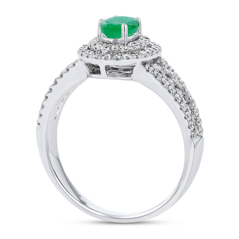 Oval Emerald and 0.63 CT. T.W. Natural Diamond Double Frame Split Shank Engagement Ring in Solid 18K White Gold