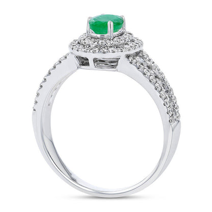 Oval Emerald and 0.63 CT. T.W. Natural Diamond Double Frame Split Shank Engagement Ring in Solid 18K White Gold