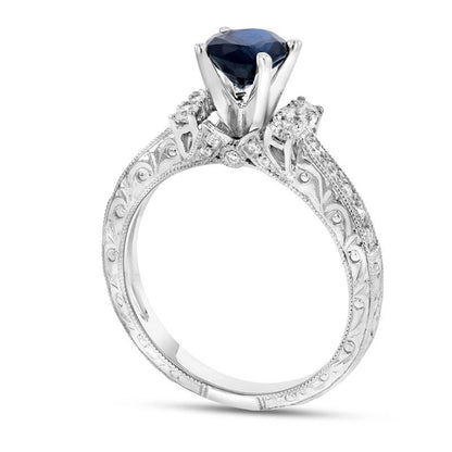 Oval Blue Sapphire and 0.33 CT. T.W. Natural Diamond Trio Collar Antique Vintage-Style Engagement Ring in Solid 14K White Gold