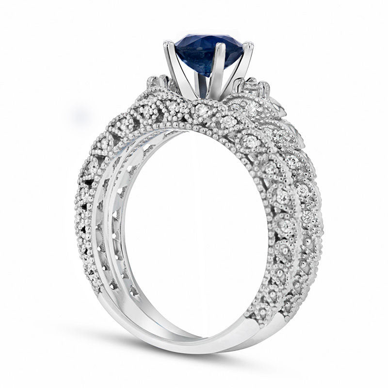 6.0mm Blue Sapphire and 0.33 CT. T.W. Natural Diamond Paisley Antique Vintage-Style Bridal Engagement Ring Set in Solid 14K White Gold