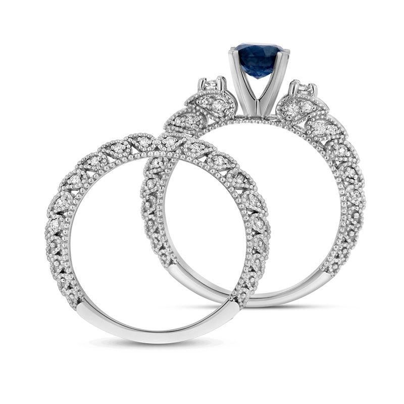 6.0mm Blue Sapphire and 0.33 CT. T.W. Natural Diamond Paisley Antique Vintage-Style Bridal Engagement Ring Set in Solid 14K White Gold