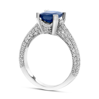 6.0mm Cushion-Cut Blue Sapphire and 0.50 CT. T.W. Natural Diamond Antique Vintage-Style Engagement Ring in Solid 14K White Gold