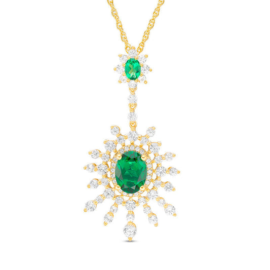 Oval Lab-Created Emerald and White Sapphire Sunburst Pendant in Sterling Silver with 14K Gold Plate