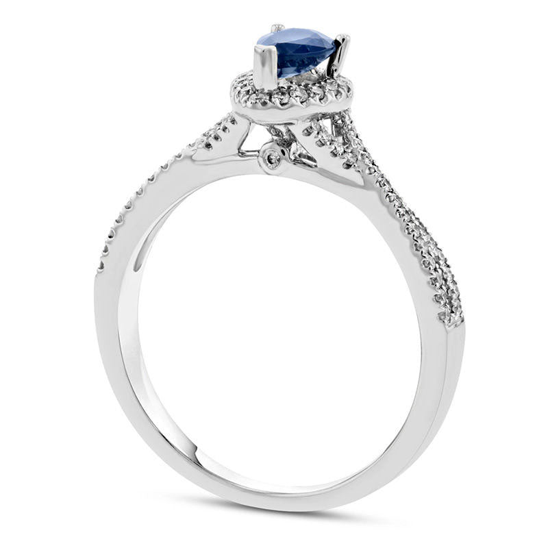 Pear-Shaped Blue Sapphire and 0.20 CT. T.W. Natural Diamond Frame Crossover Engagement Ring in Solid 18K White Gold