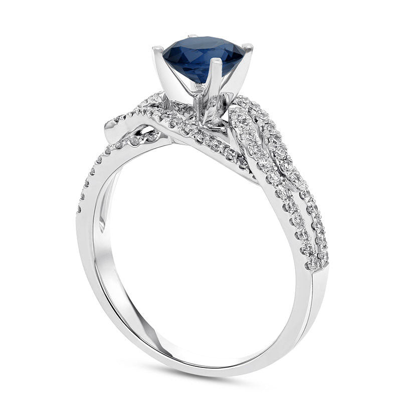 5.0mm Blue Sapphire and 0.50 CT. T.W. Natural Diamond Multi-Row Crossover Engagement Ring in Solid 18K White Gold