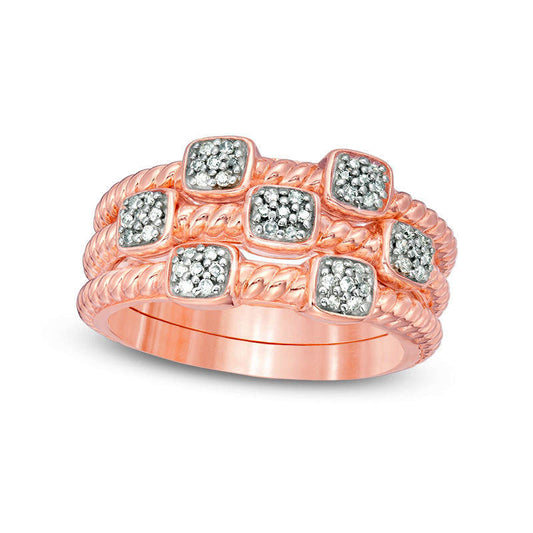 0.20 CT. T.W. Composite Natural Diamond Rope Shank Three Piece Stackable Band Set in Sterling Silver with Solid 14K Rose Gold Plate