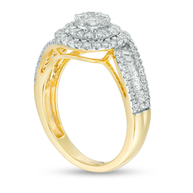 1.0 CT. T.W. Baguette and Round Composite Natural Diamond Frame Bypass Engagement Ring in Solid 10K Yellow Gold