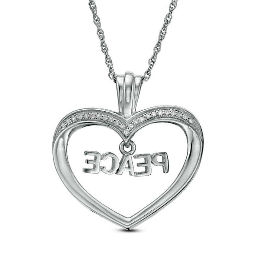 0.1 CT. T.W. Natural Diamond "PEACE" Charm in Heart Pendant in Sterling Silver