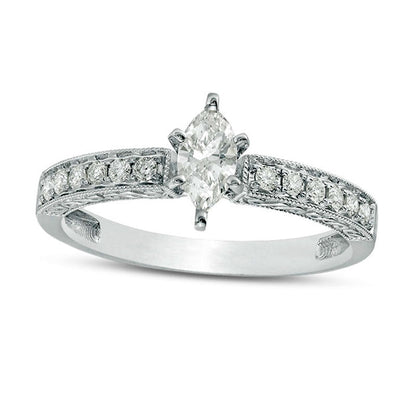 0.50 CT. T.W. Certified Marquise Natural Diamond Filigree Antique Vintage-Style Engagement Ring in Solid 14K White Gold (I/I1)