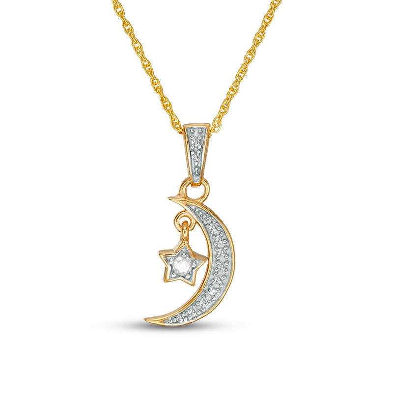 0.17 CT. T.W. Natural Diamond Crescent Moon and Star Charm Pendant in Sterling Silver with 14K Gold Plate