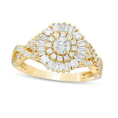 1.0 CT. T.W. Baguette and Round Natural Diamond Sunburst Frame Tri-Sides Engagement Ring in Solid 14K Gold