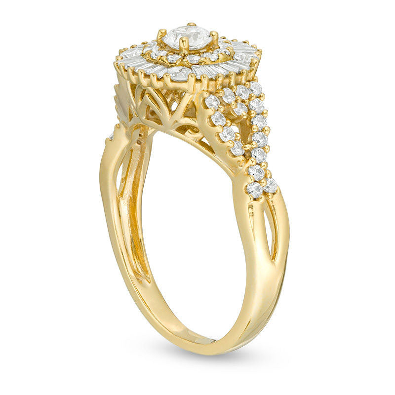 1.0 CT. T.W. Baguette and Round Natural Diamond Sunburst Frame Tri-Sides Engagement Ring in Solid 14K Gold
