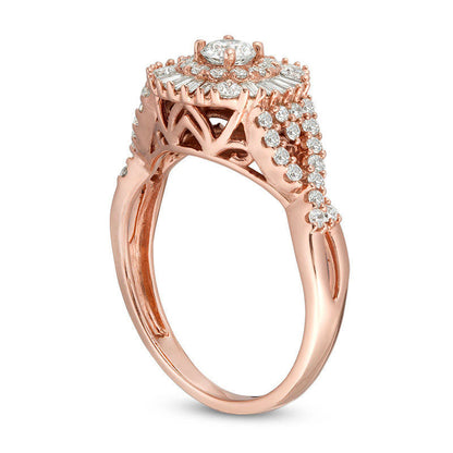 1.0 CT. T.W. Baguette and Round Natural Diamond Sunburst Frame Tri-Sides Engagement Ring in Solid 14K Rose Gold