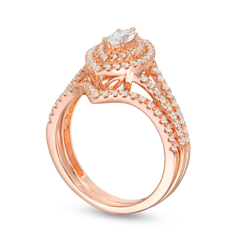 1.0 CT. T.W. Certified Marquise Natural Diamond Double Frame Bridal Engagement Ring Set in Solid 14K Rose Gold (I/I1)