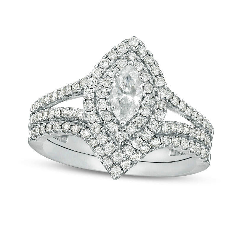 1.0 CT. T.W. Certified Marquise Natural Diamond Double Frame Bridal Engagement Ring Set in Solid 14K White Gold (I/I1)