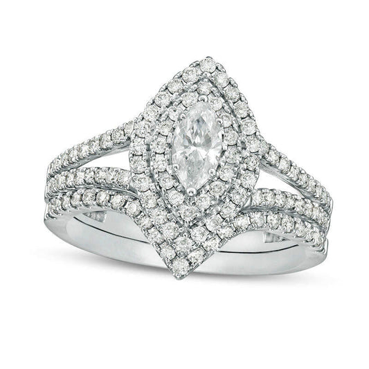 1.0 CT. T.W. Certified Marquise Natural Diamond Double Frame Bridal Engagement Ring Set in Solid 14K White Gold (I/I1)