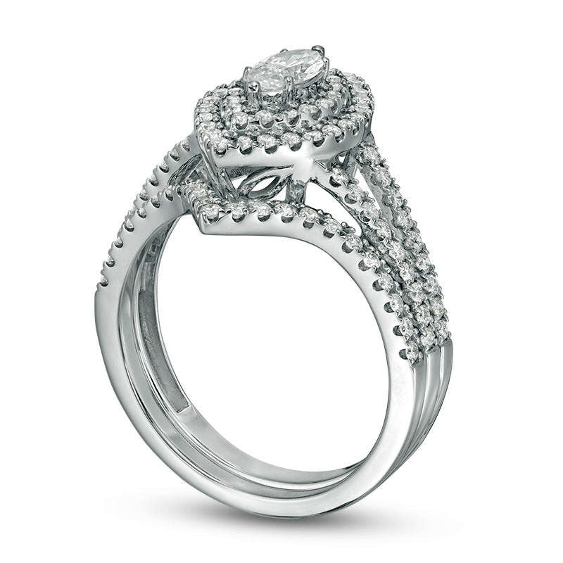 1.0 CT. T.W. Certified Marquise Natural Diamond Double Frame Bridal Engagement Ring Set in Solid 14K White Gold (I/I1)