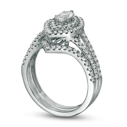 1.0 CT. T.W. Certified Marquise Natural Diamond Double Frame Bridal Engagement Ring Set in Solid 14K White Gold (I/I1)