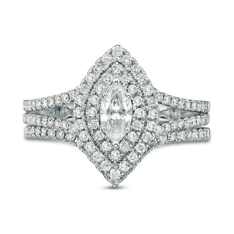 1.0 CT. T.W. Certified Marquise Natural Diamond Double Frame Bridal Engagement Ring Set in Solid 14K White Gold (I/I1)
