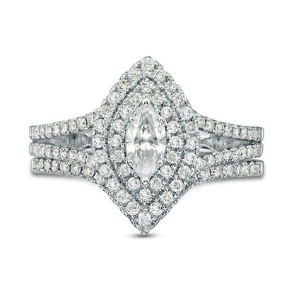 1.0 CT. T.W. Certified Marquise Natural Diamond Double Frame Bridal Engagement Ring Set in Solid 14K White Gold (I/I1)