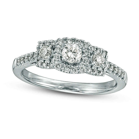 0.50 CT. T.W. Certified Natural Diamond Three Stone Cushion Frame Engagement Ring in Solid 14K White Gold (I/I1)