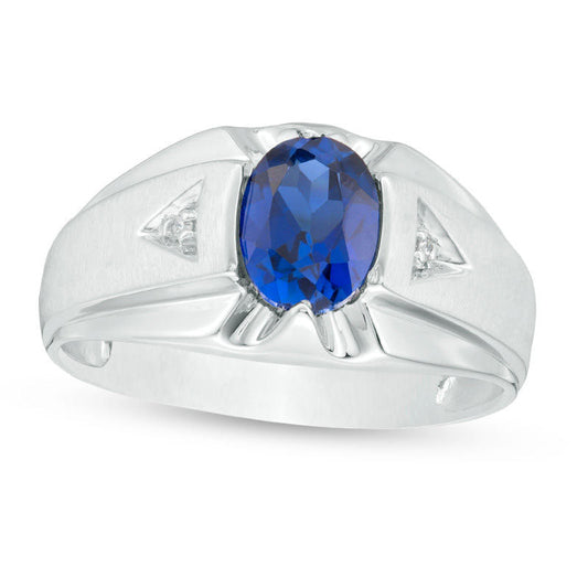 Men's Oval Lab-Created Blue Sapphire and Diamond Accent "X" Multi-Finish Ring in Solid 10K White Gold