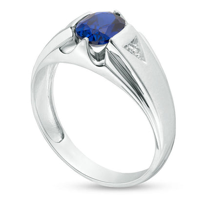 Men's Oval Lab-Created Blue Sapphire and Diamond Accent "X" Multi-Finish Ring in Solid 10K White Gold