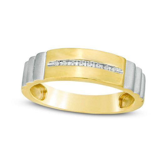 Men's Natural Diamond Accent Groove Ribbed Shank Band in Sterling Silver and Solid 14K Gold Plate