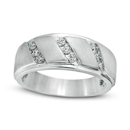 Men's 0.33 CT. T.W. Natural Diamond Triple Row Slant Bevelled Edge Multi-Finish Band in Solid 10K White Gold