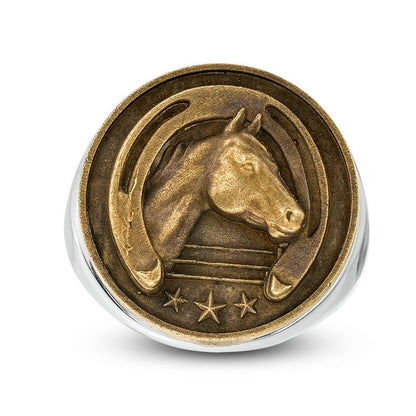 Men's Horse and Horseshoe Antique-Finished Signet Ring in Sterling Silver and Bronze