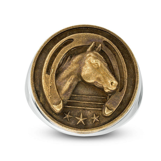 Men's Horse and Horseshoe Antique-Finished Signet Ring in Sterling Silver and Bronze