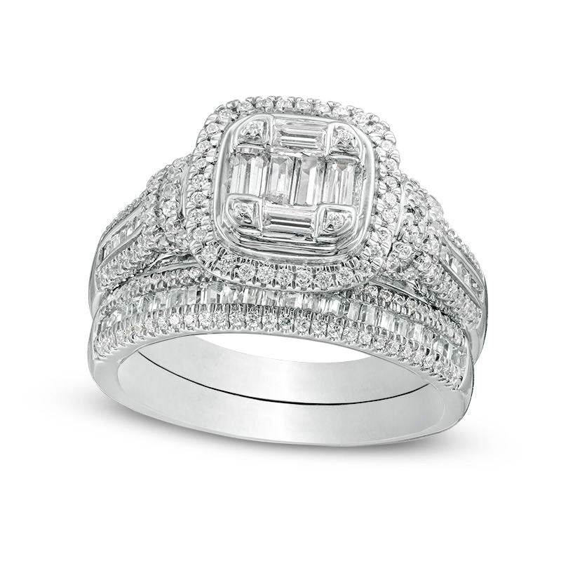 1.0 CT. T.W. Composite Baguette and Round Natural Diamond Cushion Frame Bridal Engagement Ring Set in Solid 10K White Gold