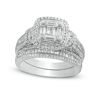 1.0 CT. T.W. Composite Baguette and Round Natural Diamond Cushion Frame Bridal Engagement Ring Set in Solid 10K White Gold