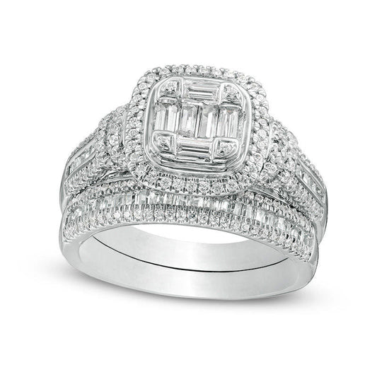 1.0 CT. T.W. Composite Baguette and Round Natural Diamond Cushion Frame Bridal Engagement Ring Set in Solid 10K White Gold