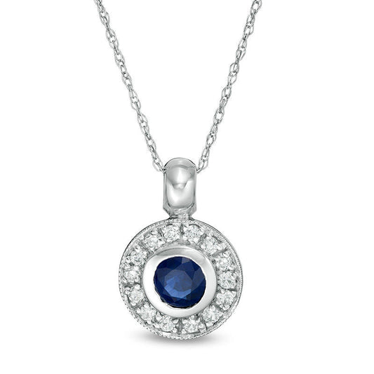 4.5mm Blue Sapphire and 0.17 CT. T.W. Natural Diamond Open Frame Antique Vintage-Style Pendant in 14K White Gold