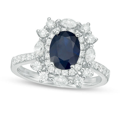 Oval Blue Sapphire and 1.0 CT. T.W. Natural Diamond Cushion-Shape Starburst Frame Antique Vintage-Style Ring in Solid 14K White Gold