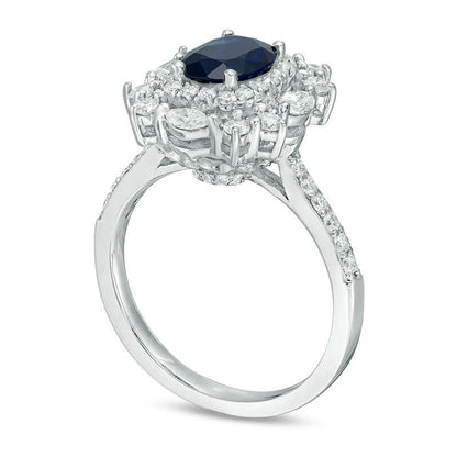 Oval Blue Sapphire and 1.0 CT. T.W. Natural Diamond Cushion-Shape Starburst Frame Antique Vintage-Style Ring in Solid 14K White Gold