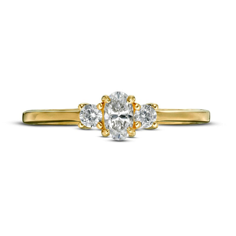 0.50 CT. T.W. Oval and Round Natural Diamond Three Stone Engagement Ring in Solid 14K Gold