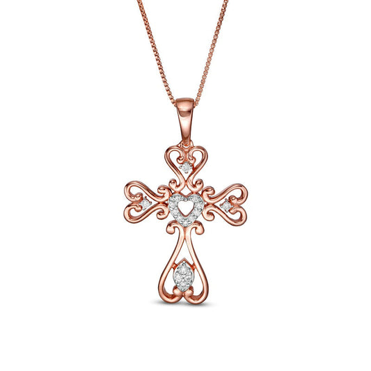 0.13 CT. T.W. Natural Diamond Heart-Shaped Cross Pendant in Sterling Silver with 14K Rose Gold Plate