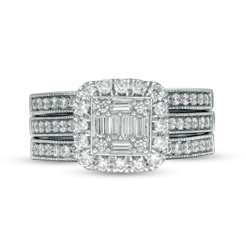 1.0 CT. T.W. Baguette and Round Natural Diamond Cushion Frame Bridal Engagement Ring Set in Solid 14K White Gold