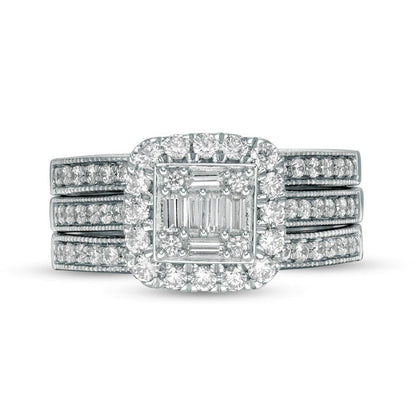 1.0 CT. T.W. Baguette and Round Natural Diamond Cushion Frame Bridal Engagement Ring Set in Solid 14K White Gold