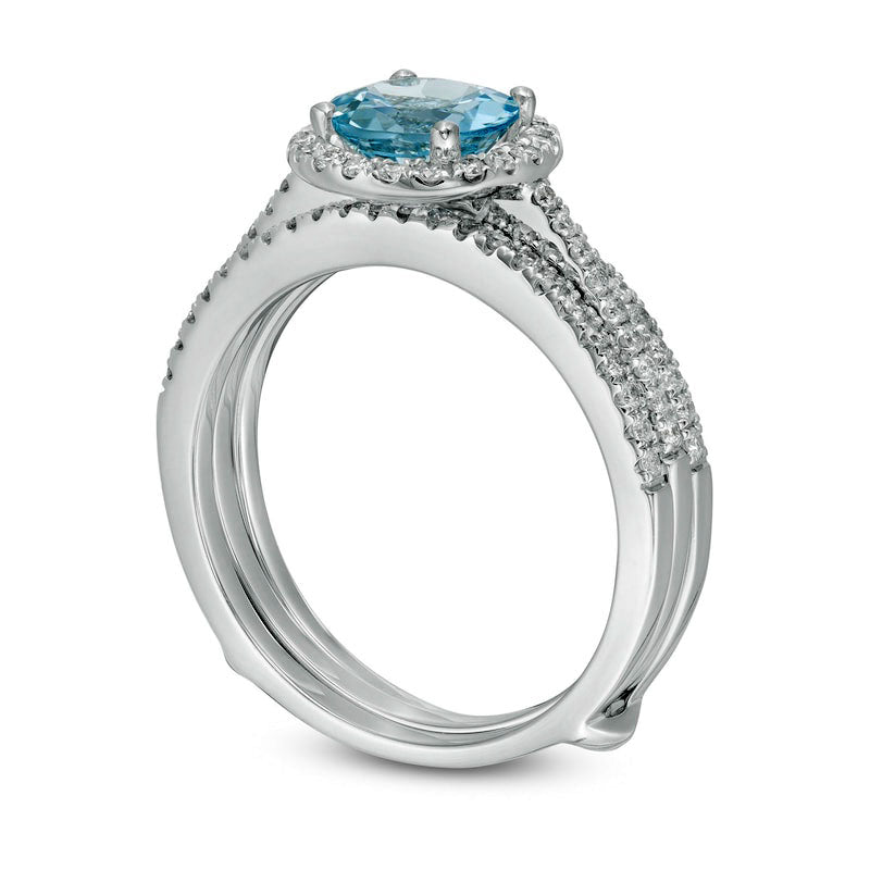 7.0mm Aquamarine and 0.38 CT. T.W. Natural Diamond Frame Bridal Engagement Ring Set in Solid 14K White Gold