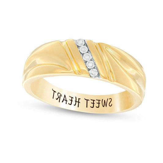 Men's Natural Diamond Accent Engravable Five Stone Slant and Double Groove Band in Sterling Silver with Solid 14K Gold Plate (1 Line)