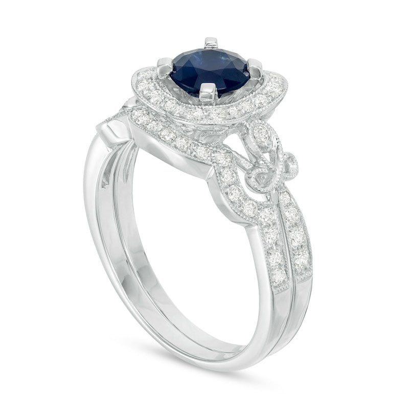 6.0mm Blue Sapphire and 0.50 CT. T.W. Natural Diamond Clover Frame Leaf-Sides Antique Vintage-Style Bridal Engagement Ring Set in Solid 10K White Gold