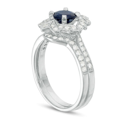 6.0mm Blue Sapphire and 0.50 CT. T.W. Natural Diamond Ornate Frame Antique Vintage-Style Bridal Engagement Ring Set in Solid 10K White Gold