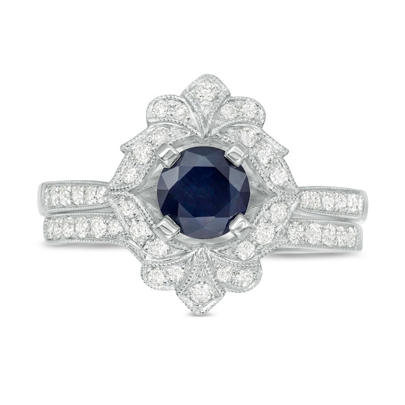 6.0mm Blue Sapphire and 0.50 CT. T.W. Natural Diamond Ornate Frame Antique Vintage-Style Bridal Engagement Ring Set in Solid 10K White Gold