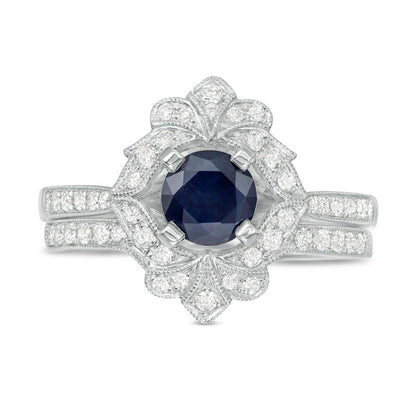 6.0mm Blue Sapphire and 0.50 CT. T.W. Natural Diamond Ornate Frame Antique Vintage-Style Bridal Engagement Ring Set in Solid 10K White Gold