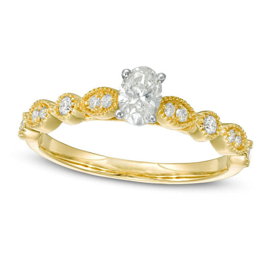 0.50 CT. T.W. Oval Natural Diamond with Marquise Shapes Antique Vintage-Style Engagement Ring in Solid 10K Yellow Gold