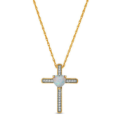 5.0mm Heart-Shaped Lab-Created Opal and 0.05 CT. T.W. Diamond Antique Vintage-Style Cross Pendant in 10K Yellow Gold