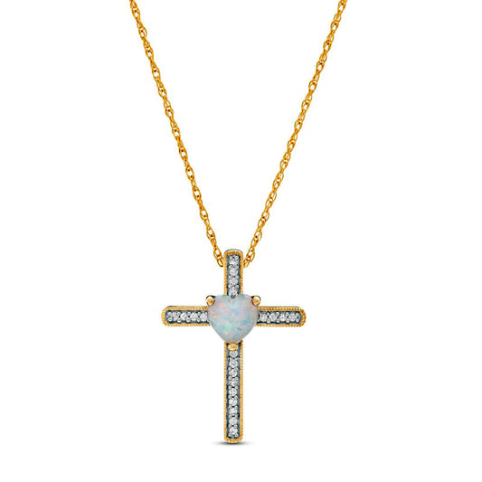 5.0mm Heart-Shaped Lab-Created Opal and 0.05 CT. T.W. Diamond Antique Vintage-Style Cross Pendant in 10K Yellow Gold